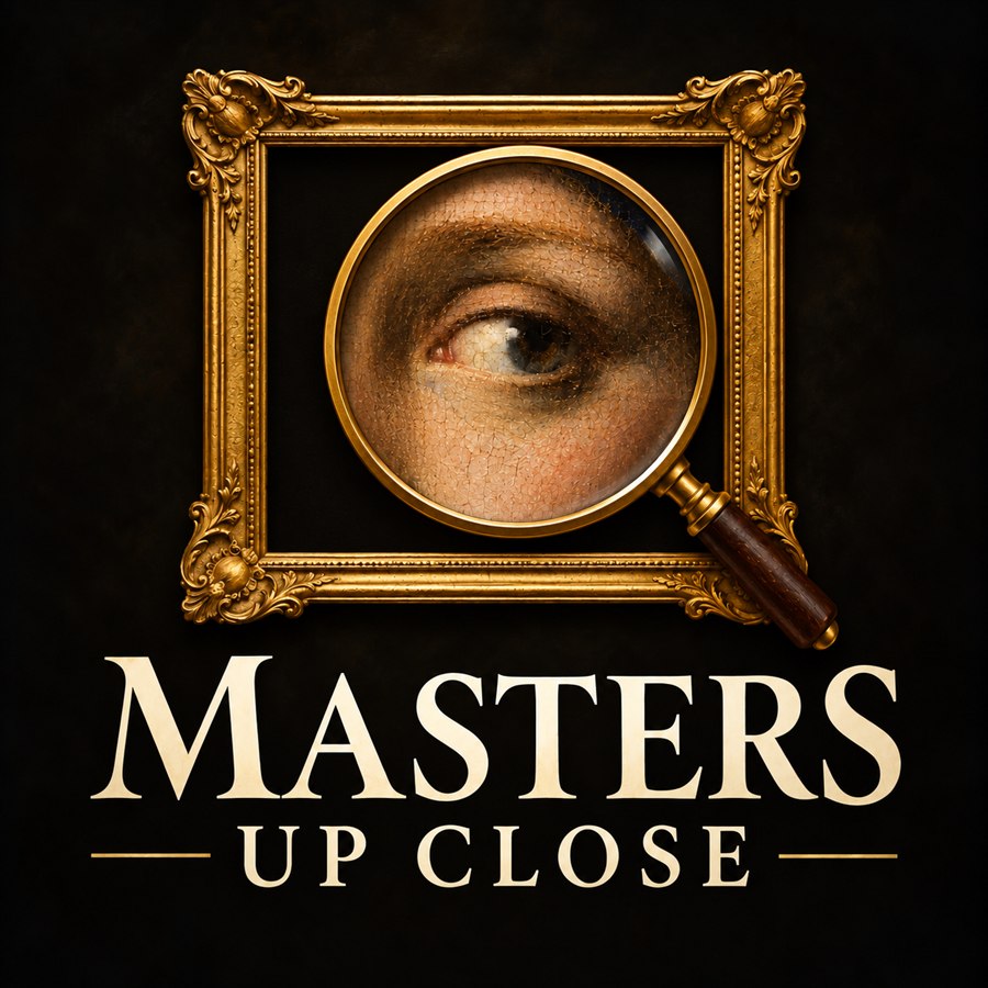 Masters Up Close: a golden picture frame with a magnifying glass over a painted eye